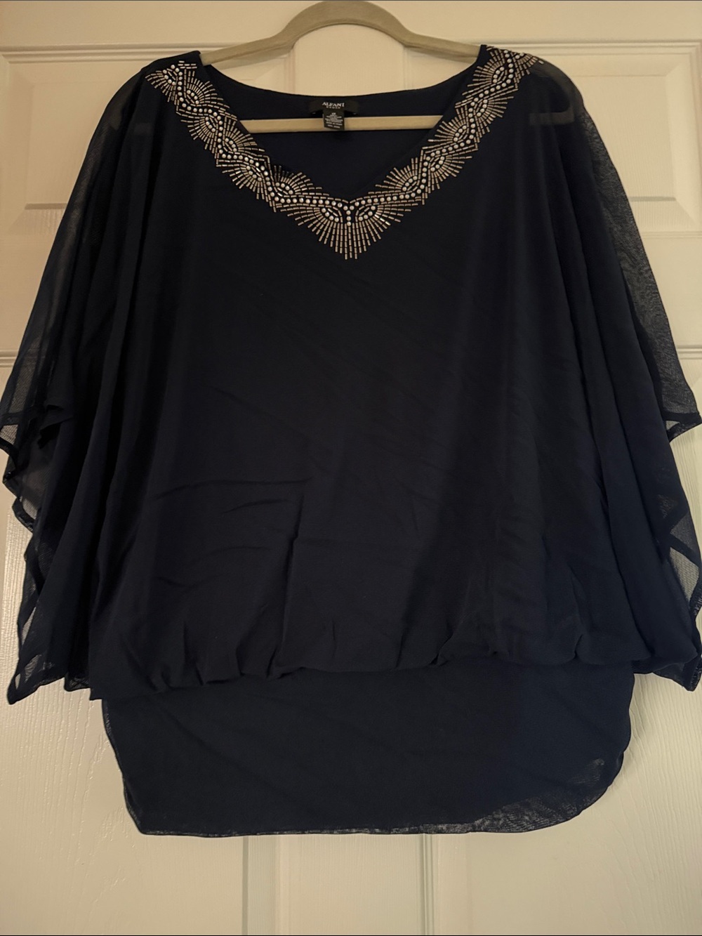 Alfani Navy Embellished V-Neck Chiffon Overlay Tunic